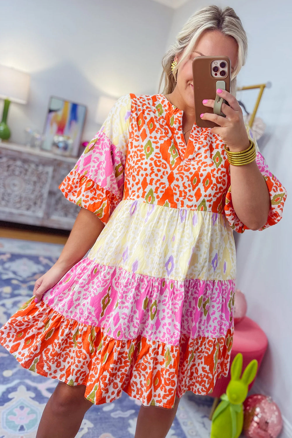 Vestido de manga de media burbujas de estampado multicolor boho