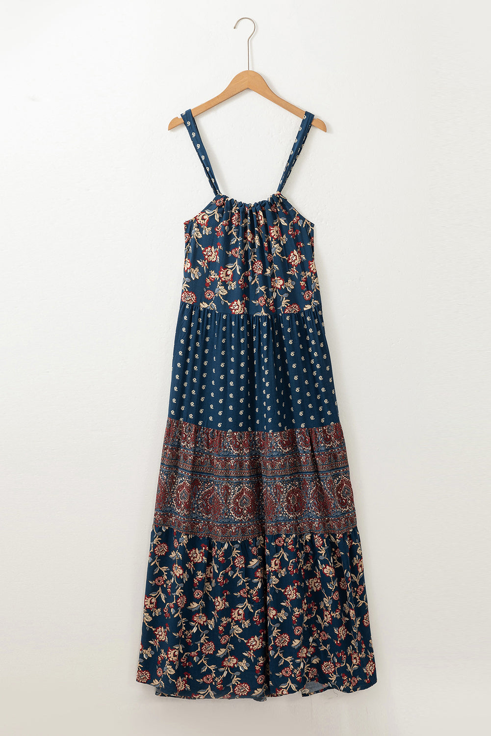 Blue Boho Blumenspleißen ärmellose Maxikleid