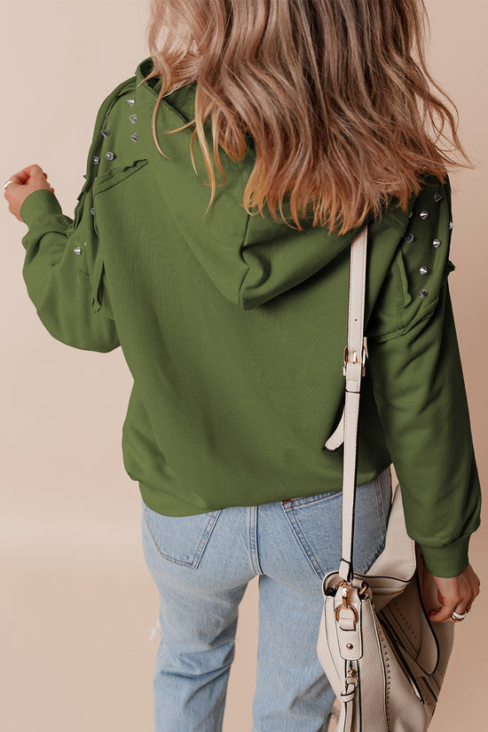 Vineyard Green Solid Color Rivets Raglan Sleeve Hoodie with Pocket