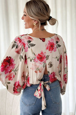 Rose flower blouse with 3/4 sleeves and laces back