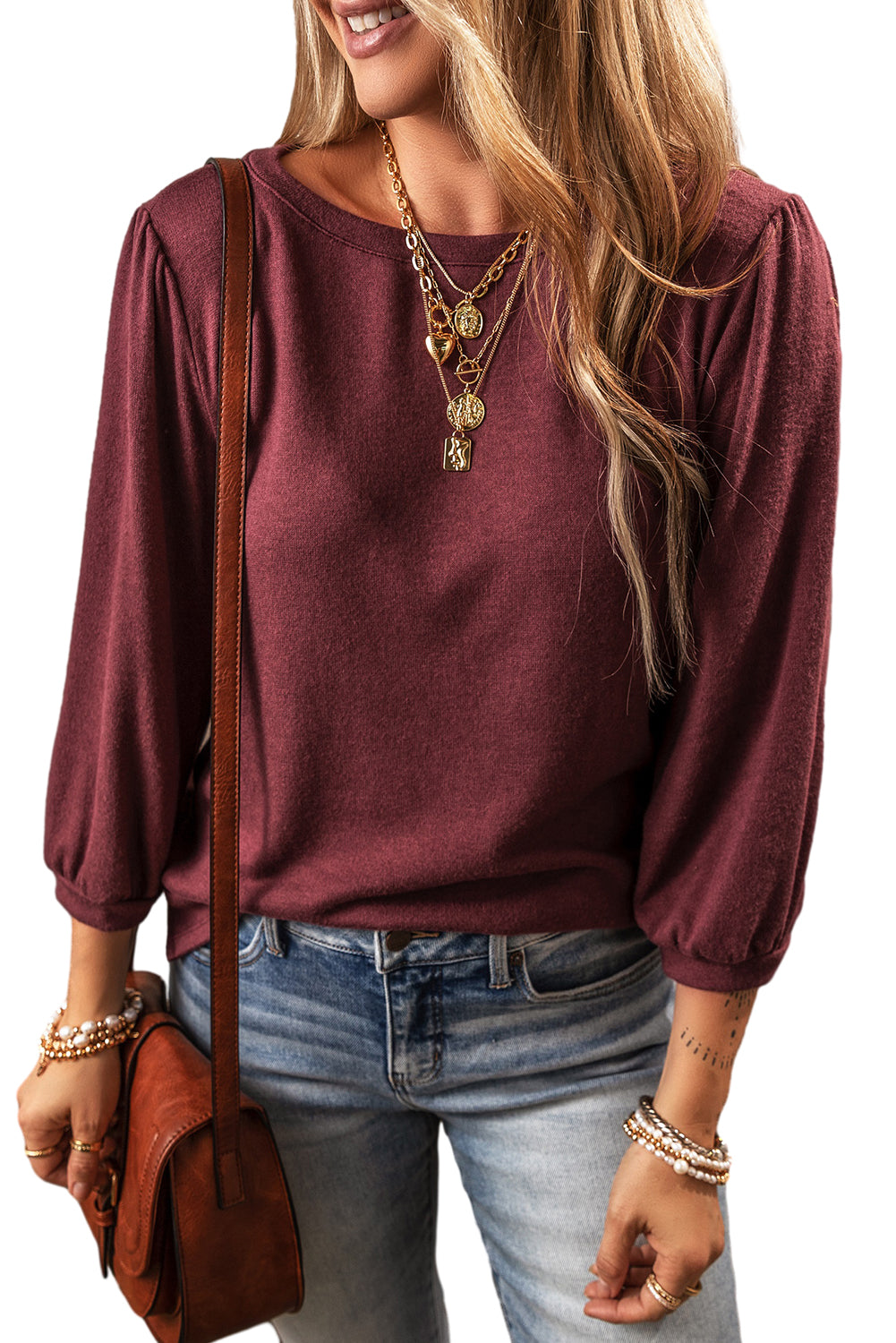 Red Dahlia Solid Color 3/4 Sleeve Round Neck Top