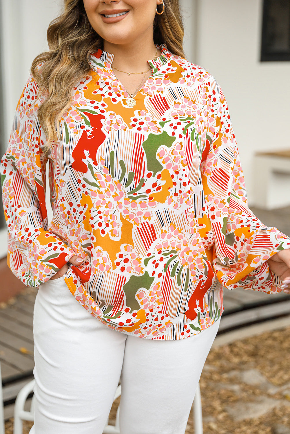 Orange gedruckte florale abstrakte druckgelente v necke plus size bluse