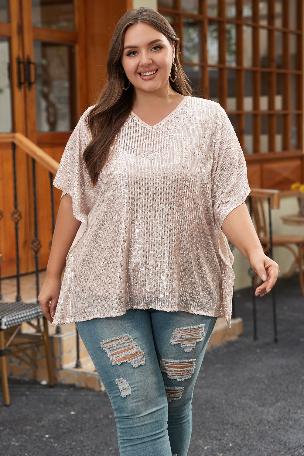 Apricot Plus Size Sequined V Neck Boxy Top