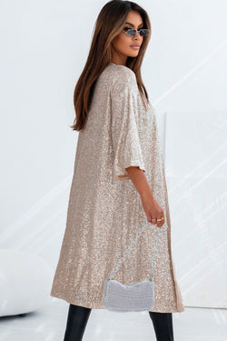 Apricot Sequined 3/4 Sleeve Open Wrap Kimono