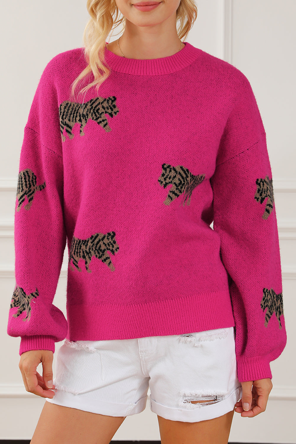 Rose Red Fierce Animal Muster Casual Strickpullover