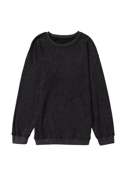 Black plain ribbed knit crew neck sweatshirt