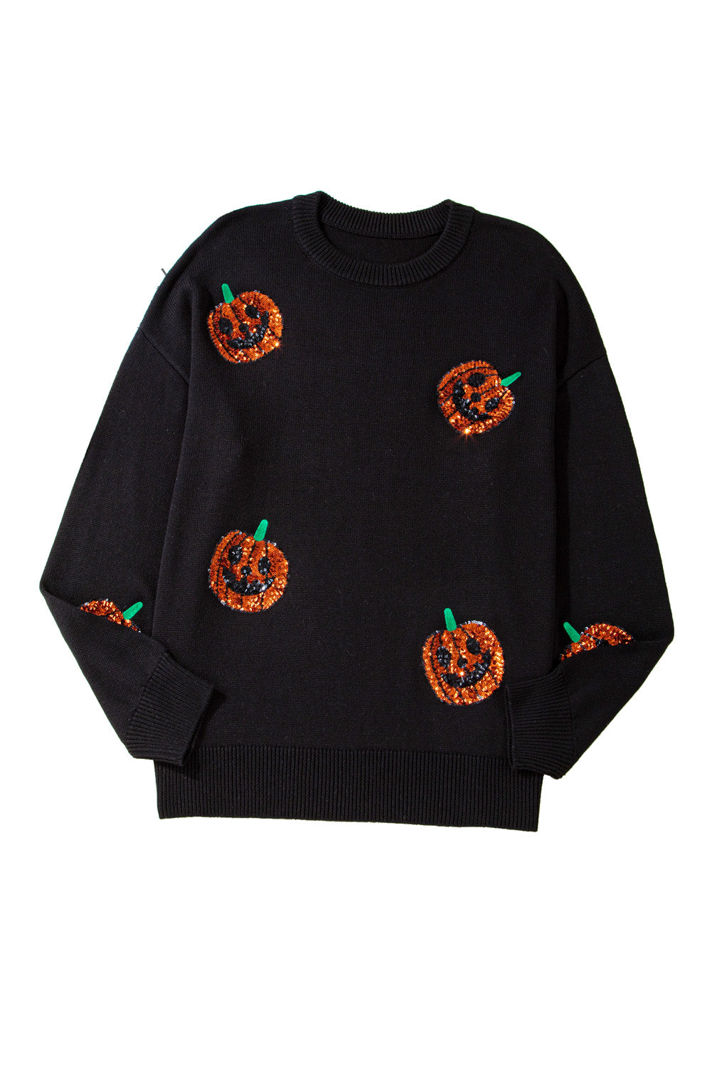 Plus Size Black Halloween Sequin Pumpkin Pattern Sweater