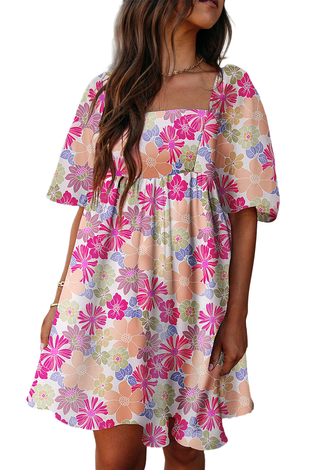 Rose Summer Floral Square Neck manga Babydoll Vestido