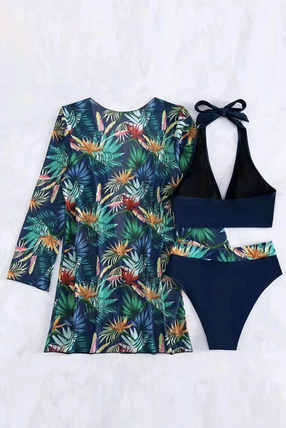 Black 3pcs Tropical Contrast Tascing Halter Bikini Set con copertura