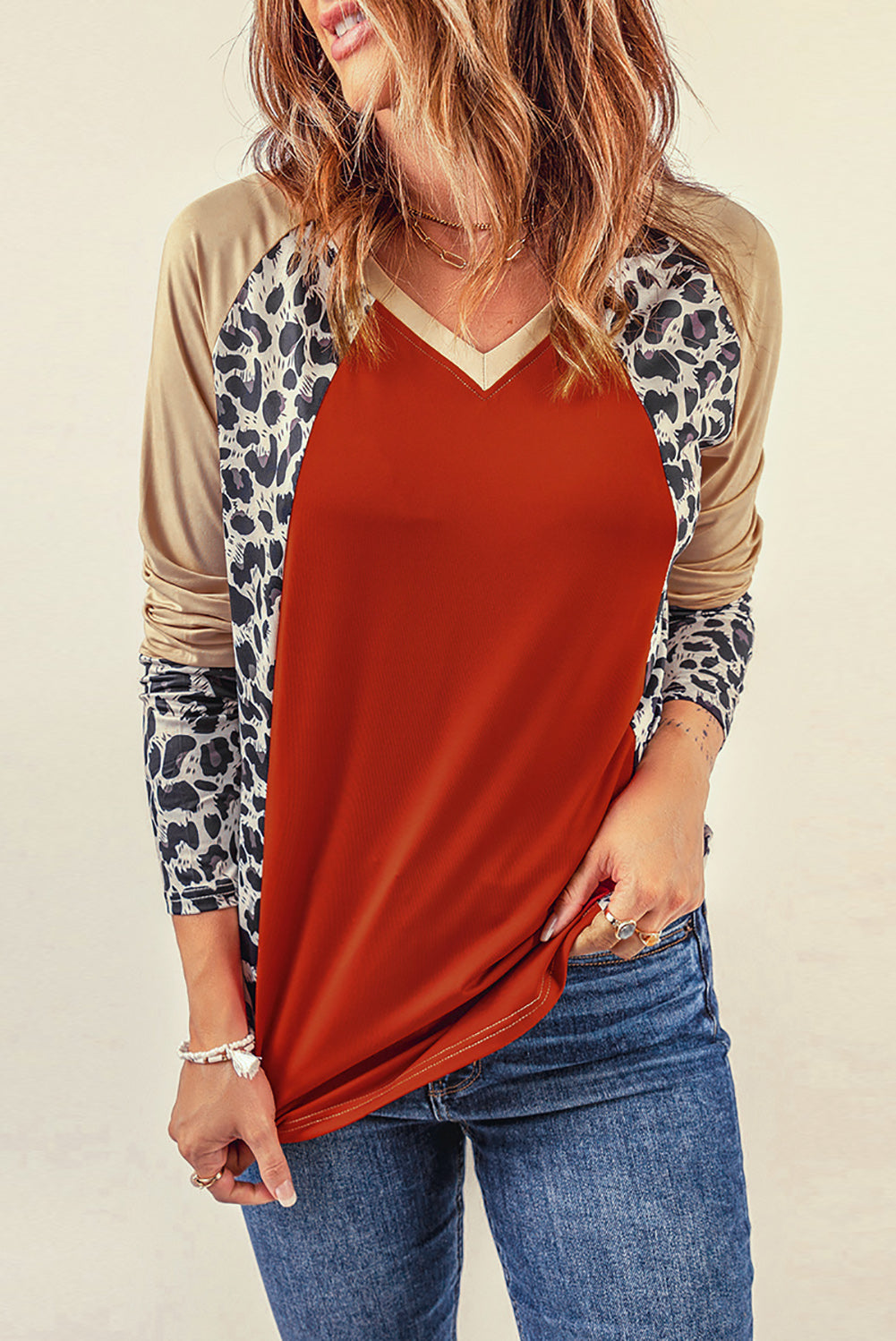 Brown Colorblock Leopard V Neck Long Sleeve Top