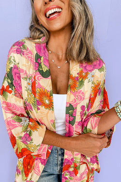 Pink floral print open front kimono with belt