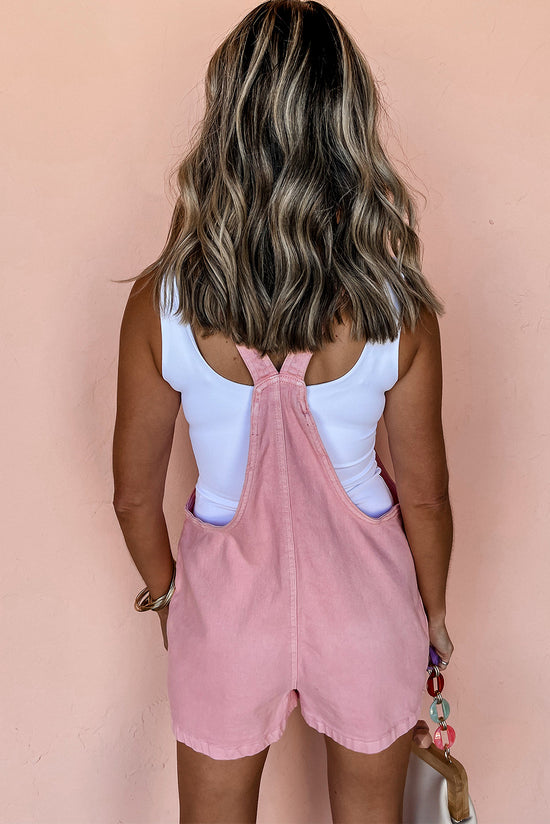 Solid Color Tie-Dye Straps Pink Denim Romper with Pockets