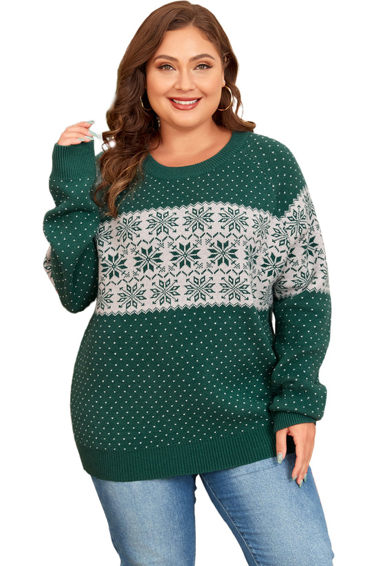 Pull de Noël vert à motif de flocon de neige et épaules tombantes, grande taille