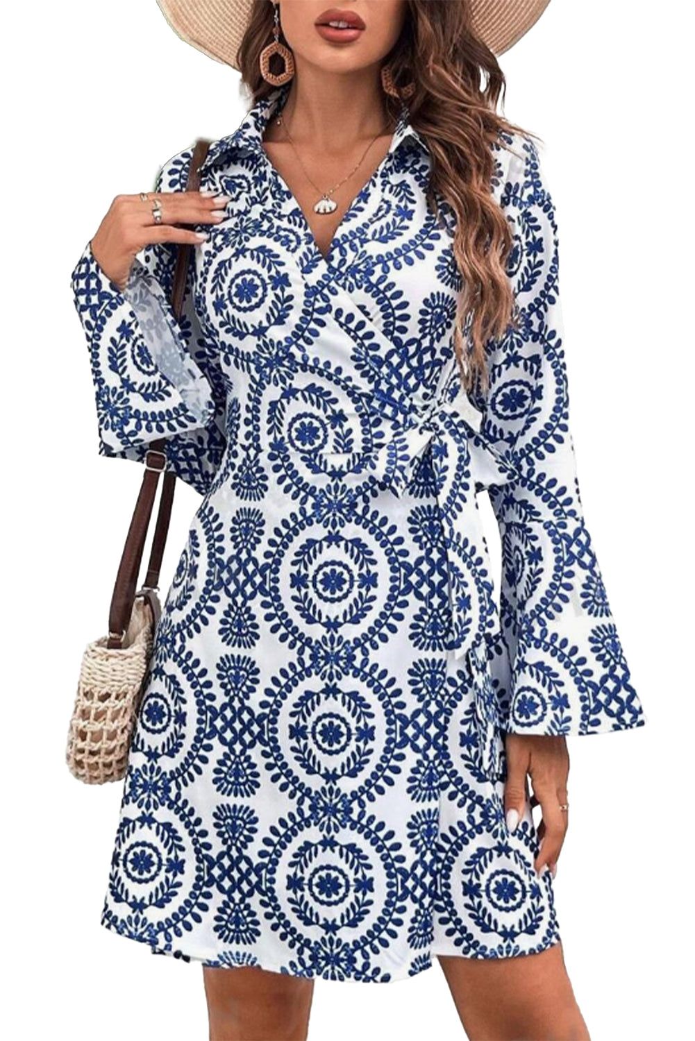 Blue Floral Print V-Neck Long Sleeve Wrapped Bow Dress