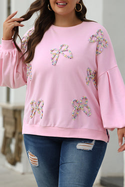 Light Pink Embroidered Bow Lantern Sleeve Oversized Sweatshirt