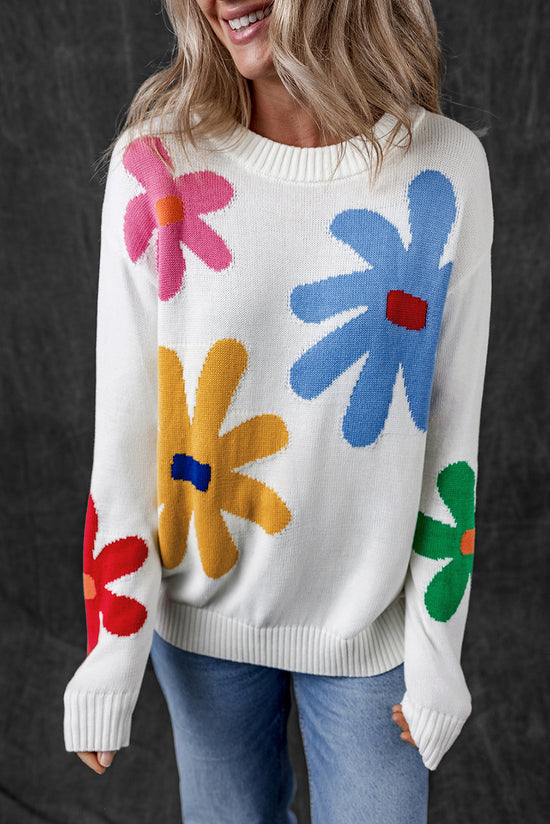 Colored white round -neck sweater with large flowers pattern