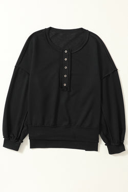 Black Drop Shoulder Button Henley Sweatshirt