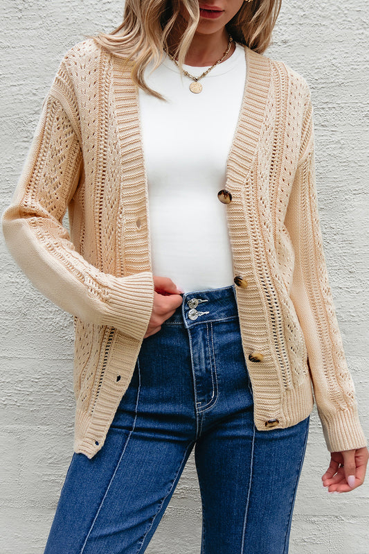 Cardigan pull beige en tricot ouvert à épaules tombantes