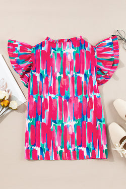 V -neck blouse and flushed sleeves with pink abstract brush print