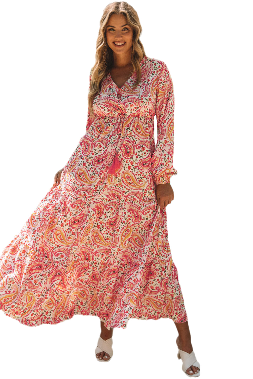 Naranja boho vacaciones paisley estampado estampado manga larga maxi vestido