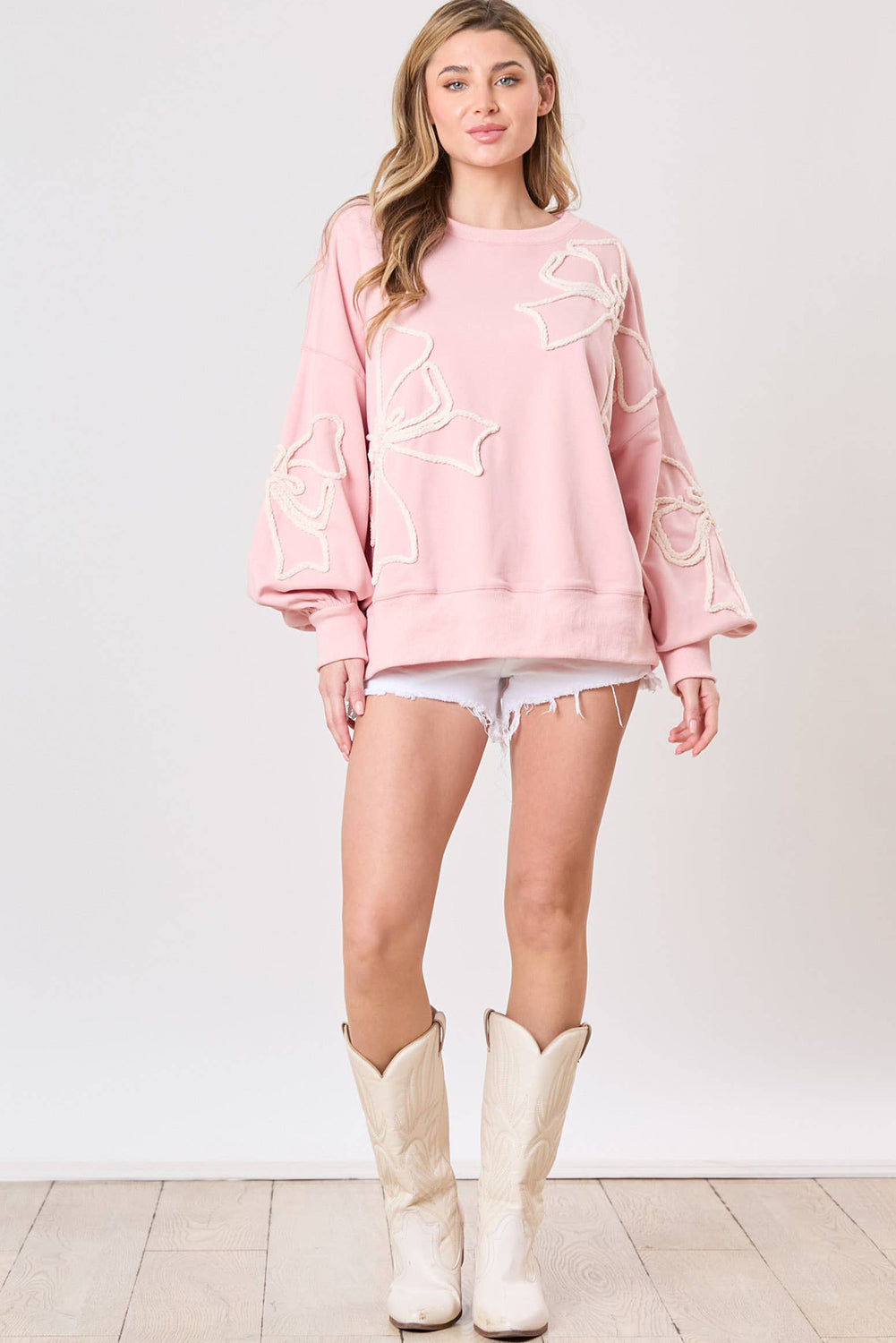 Light Pink Bow Thread Embroidery Ribbed Edge Sweatshirt