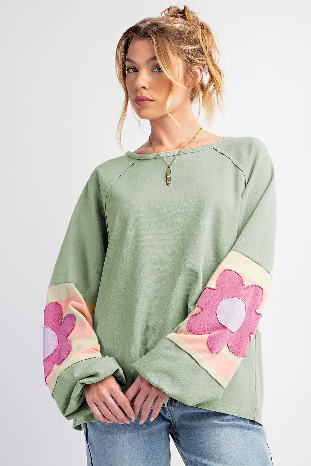 Smoke Green Flower Patchwork Raglan Sleeve Exposed Seam Overszed Top