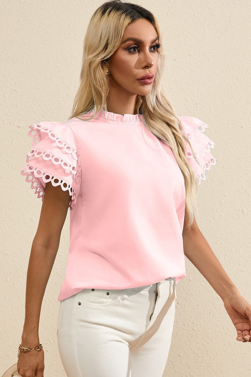 Blouse superposée rose clair Ric Rac à manches courtes et col à volants