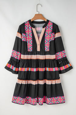 Black patchwork dress with ruffles and sleeve bell with V -collar and ethnic print buttoned