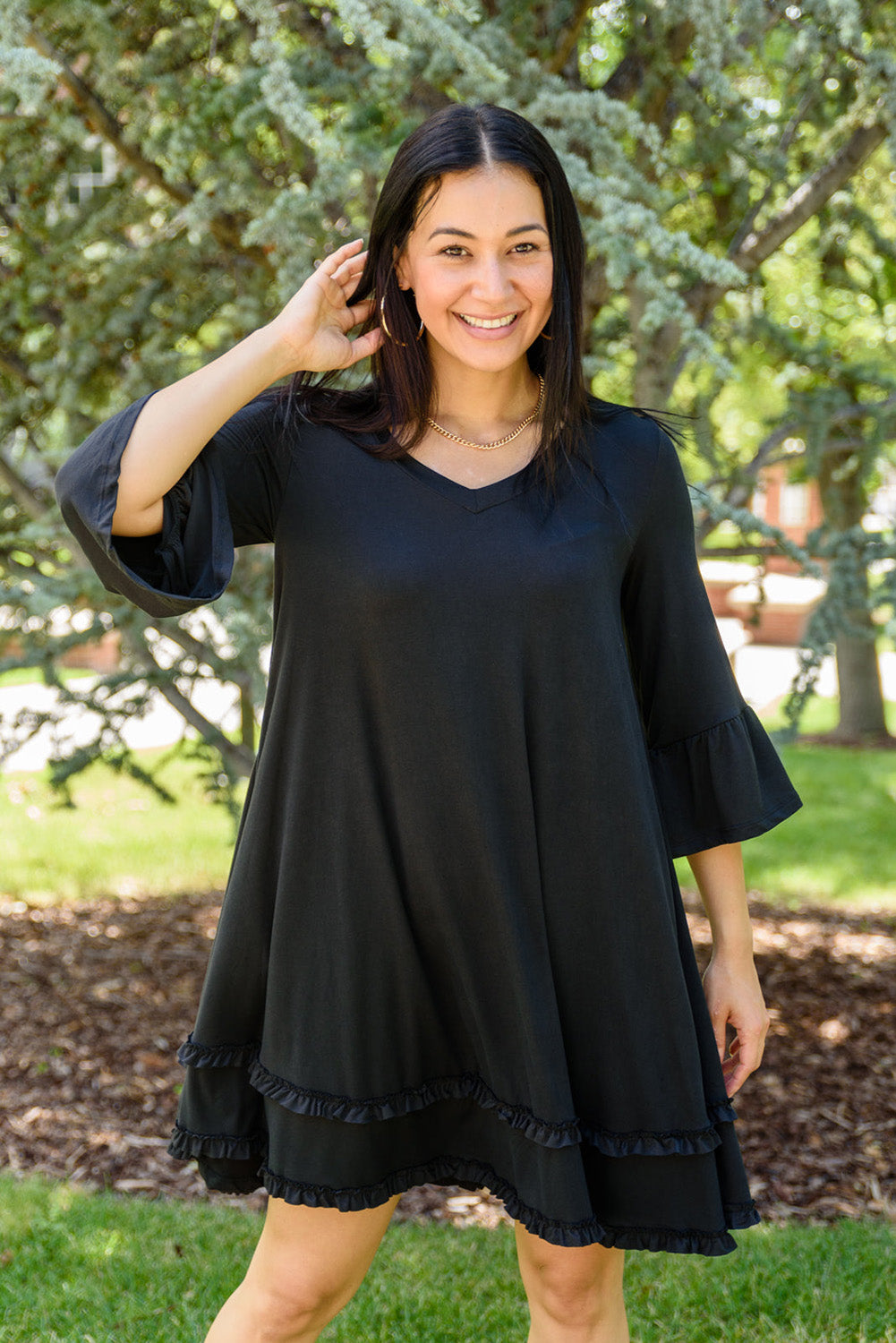 Black Plus Size Ruffled Trim 3/4 Sleeve Dress