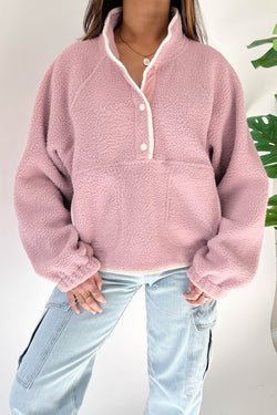 Fushia Plush Sweatshirt with Stand-Up Collar and Half-Button Zip Pocket