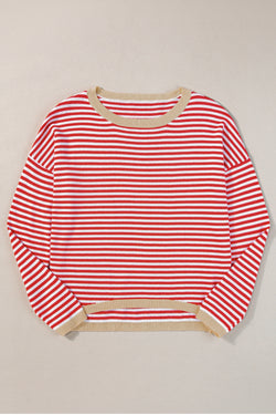 Striped drop shoulder sweater with bright red contrast trim