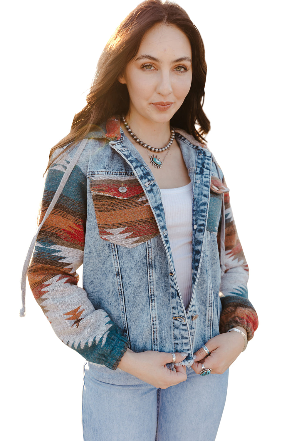 Chaqueta de mezclilla de dobladillo con estampado multicolor aztec