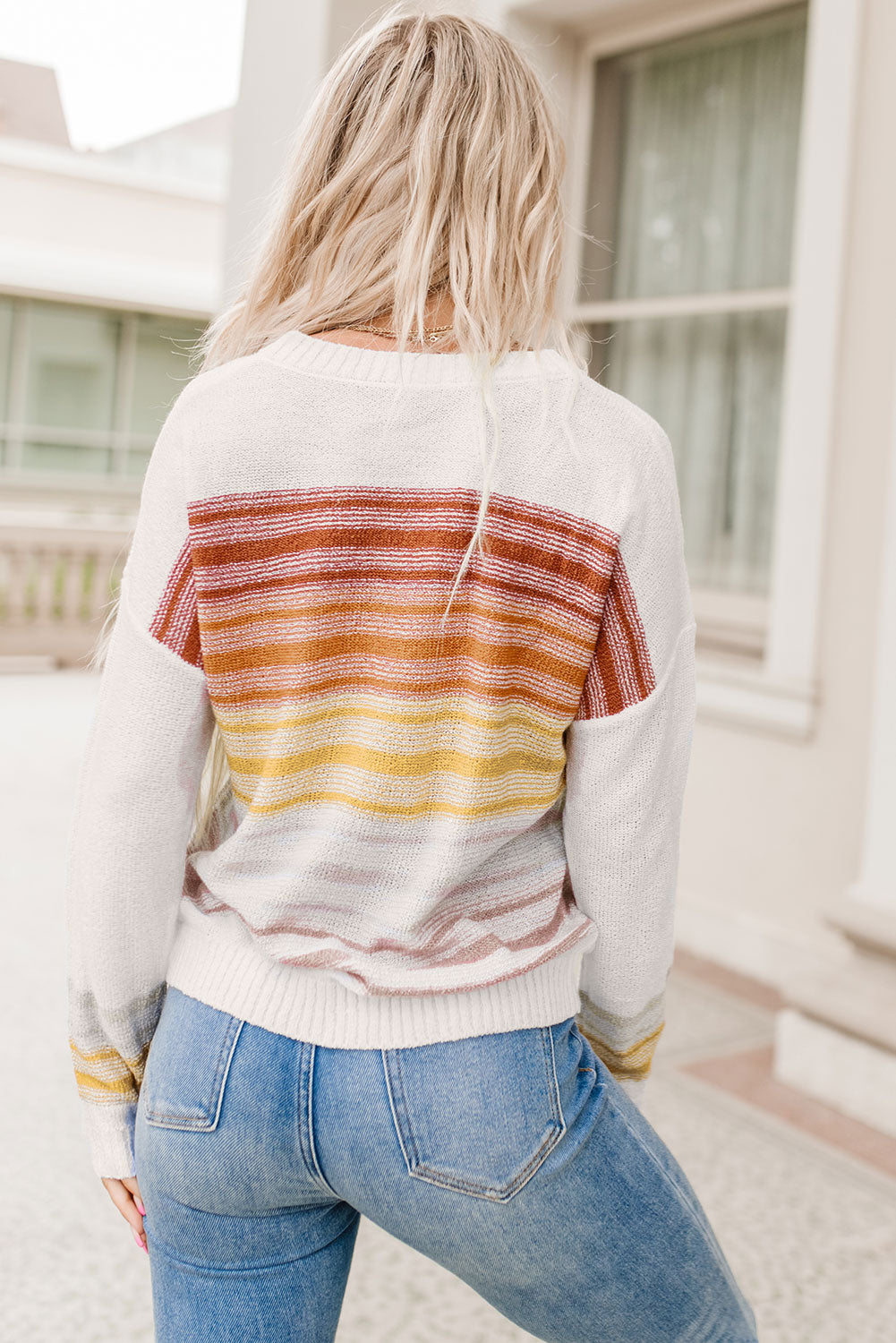 Multi-colored striped crew neck long sleeve sweater