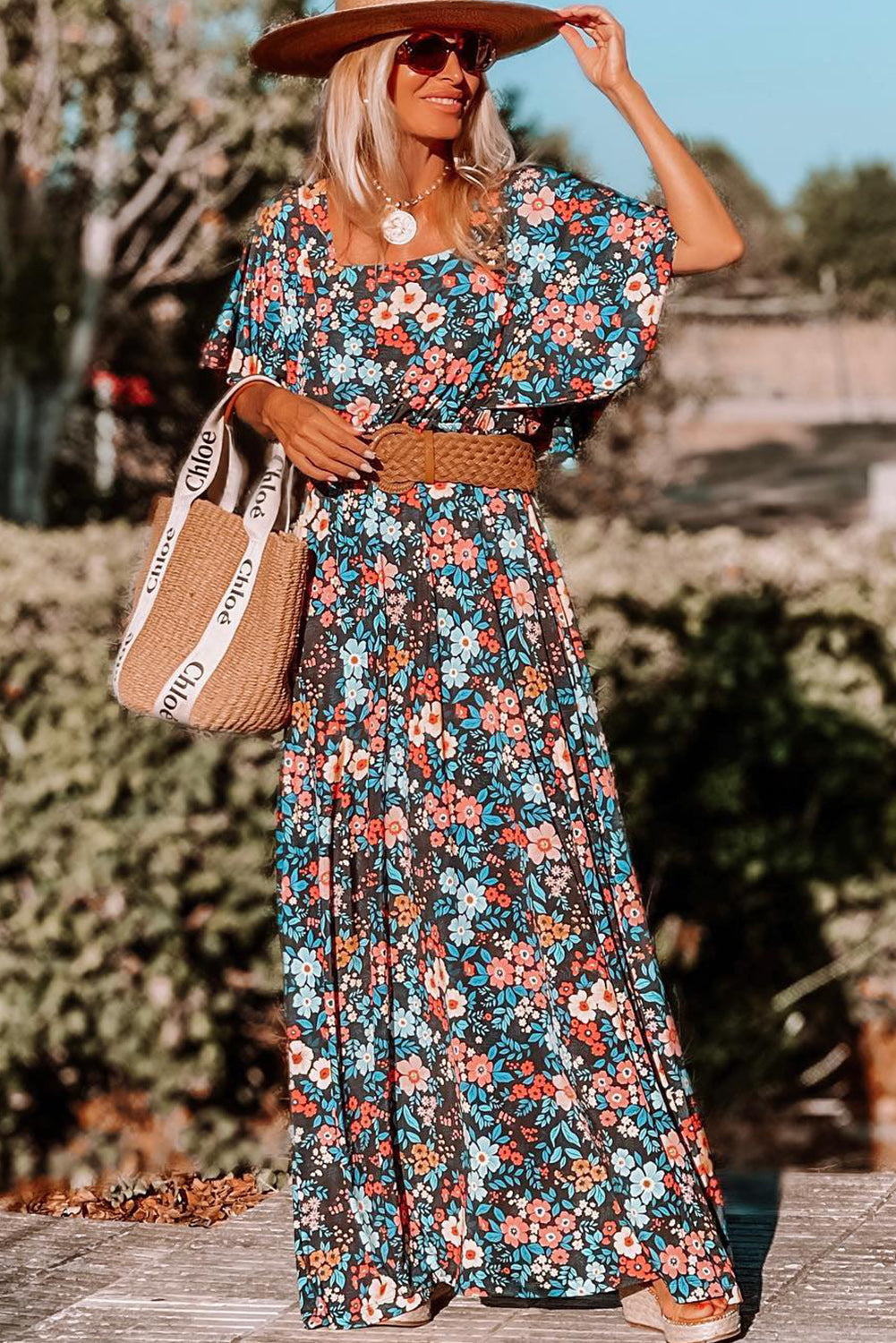 Sky blue floral long dress with knotted back and square neck