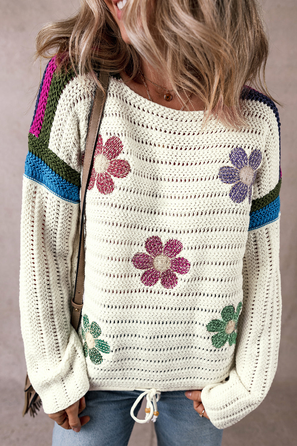 Pull en maille pointelle à fleurs de marguerite blanc