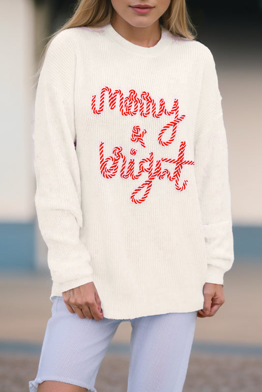 Pull de Noël à rayures blanches avec lettres joyeuses et lumineuses