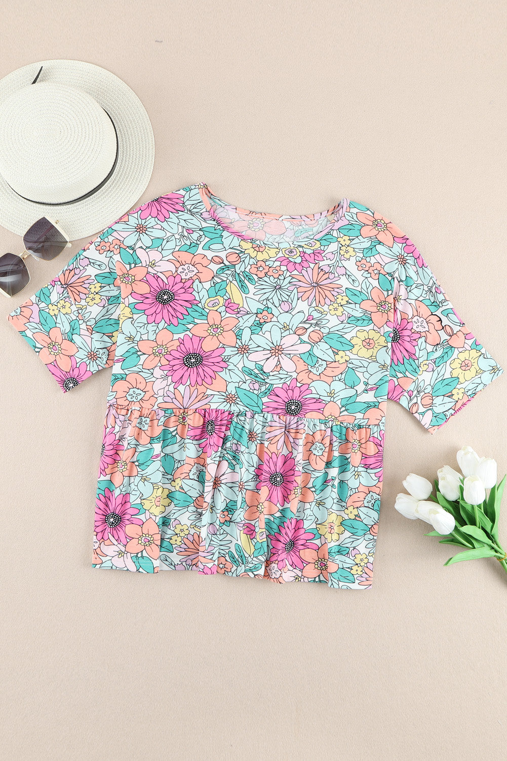 Multicolor Bohemian Flower Print Flowy Short Sleeve Top