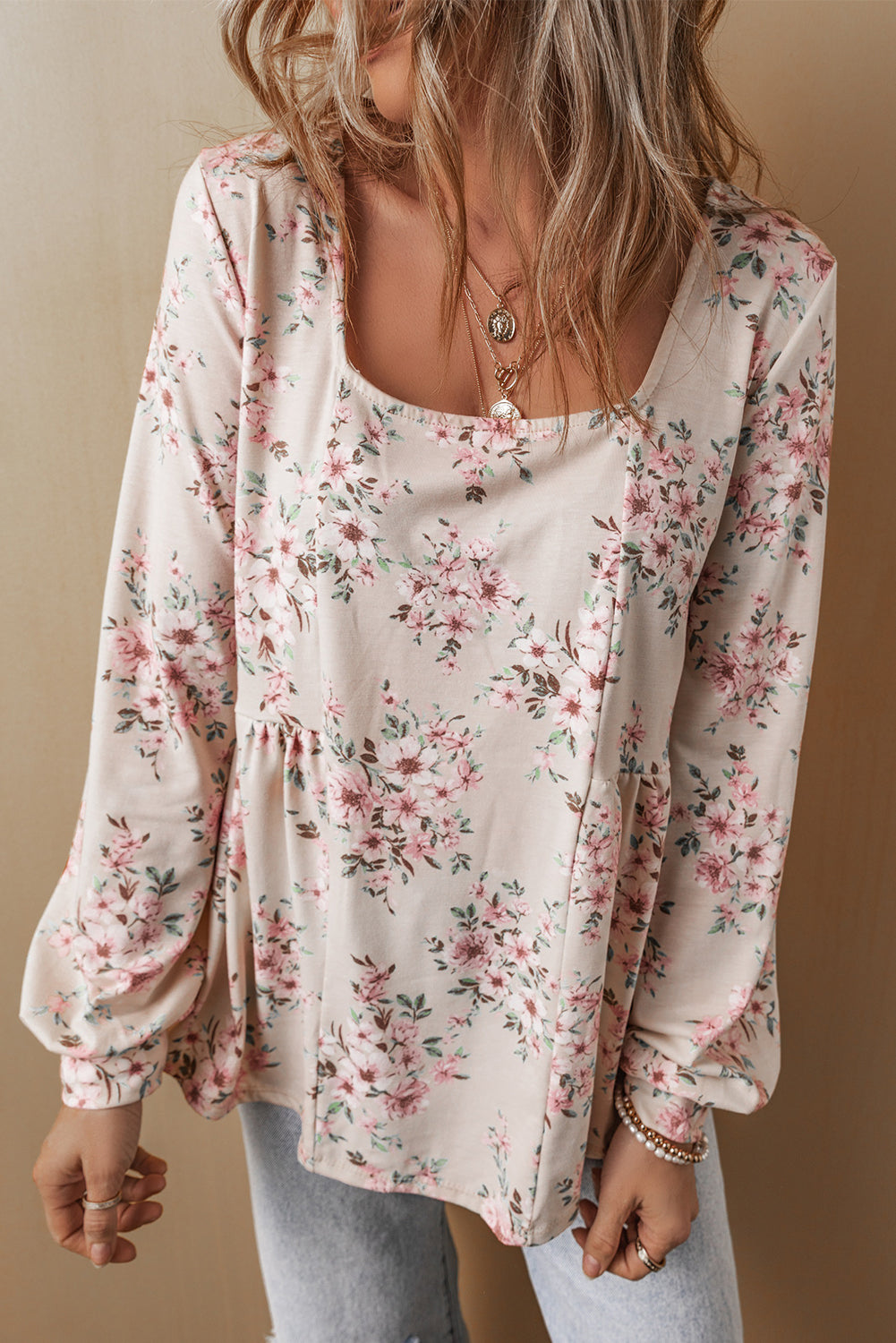 Blusa de ajuste suelto de u cuello de estampado floral rosa