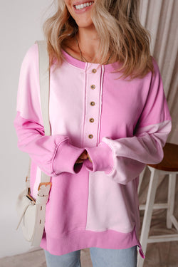 Henley High Low Pink Color Block Oversized Sweatshirt