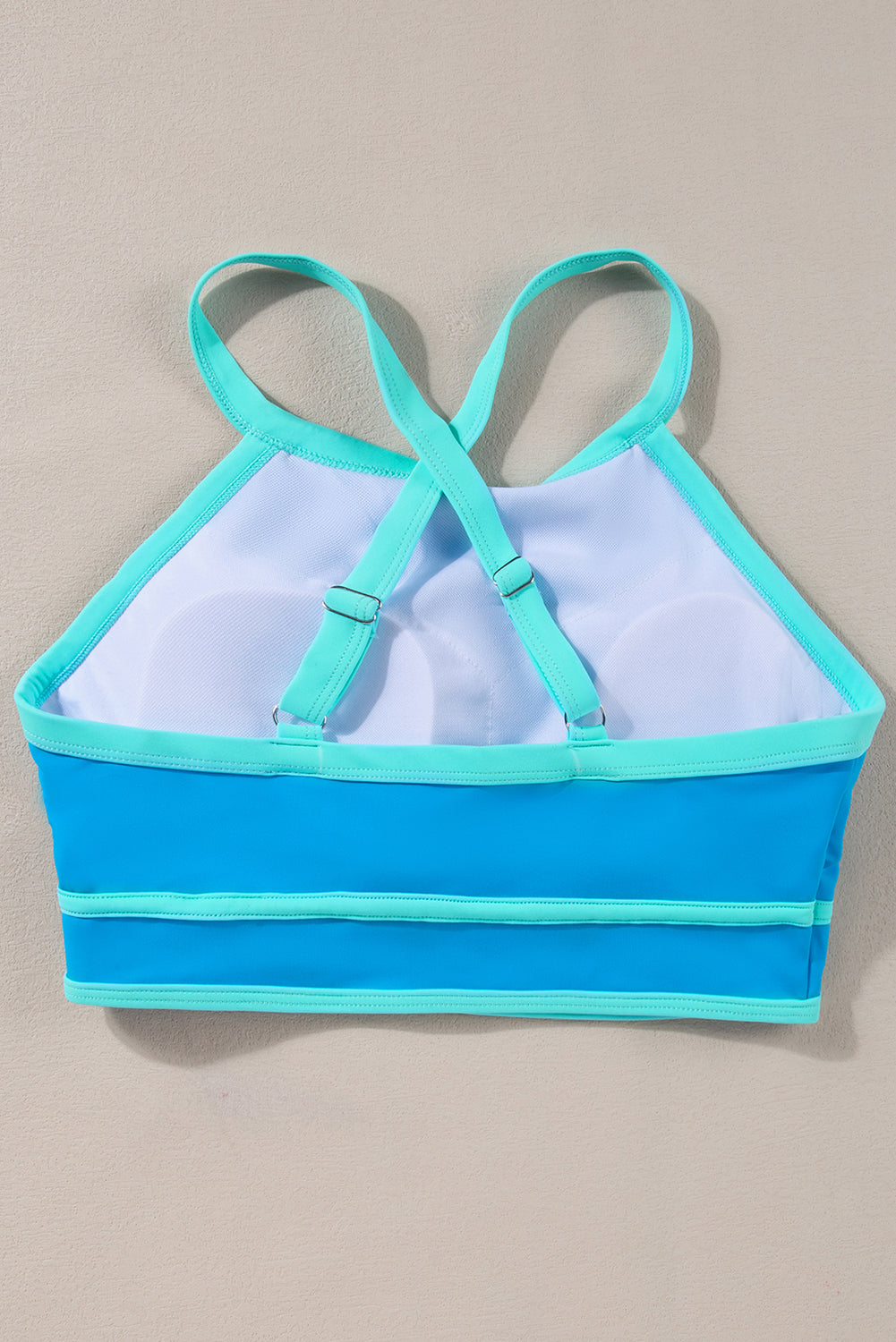 Blue Contrast Trim Crisscross Back Bikini a vita alta