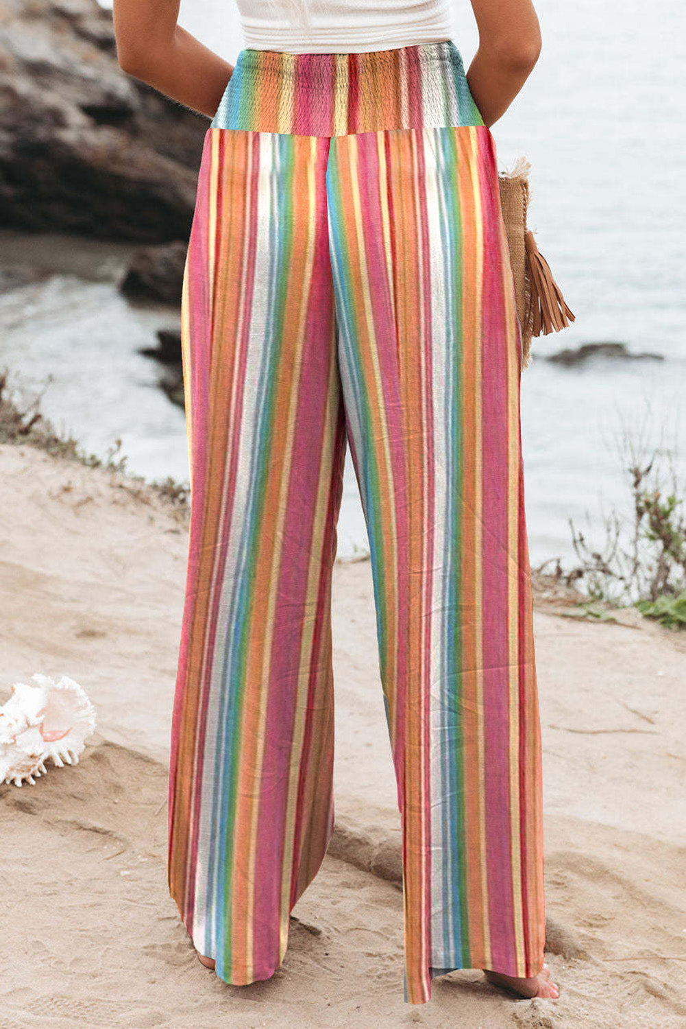 Pantalones anchos de cintura alta con fruncido a rayas multicolores