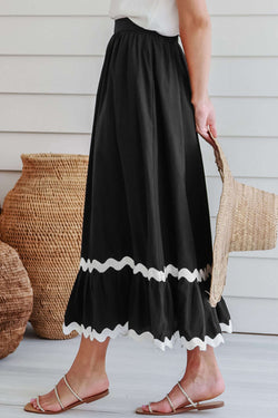 Long black high waist skirt with Ricrac and Color Block edges