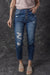 Jean skinny taille haute bleu effet vieilli avec braguette boutonnée