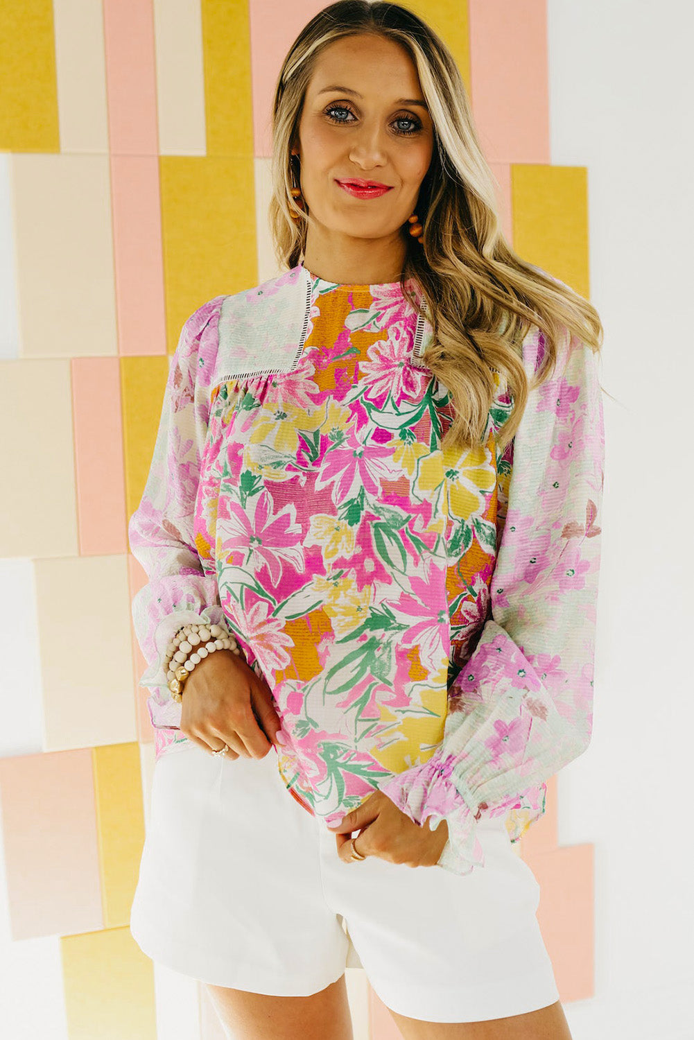 Lila Blumen Patchwork Spitzenverzierbluse