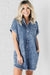 Mineral washed -out blue denim dress with reverse sleeves and effiloche hem