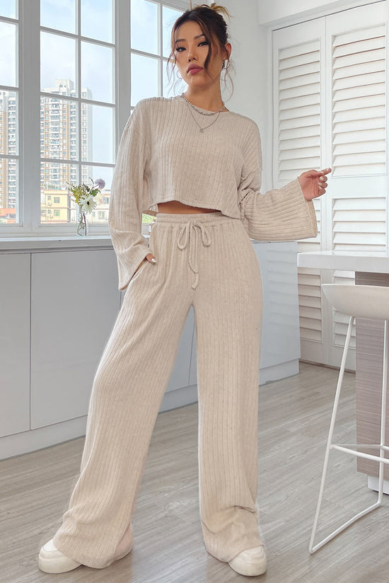 Khaki Ribbed Knit Bell Sleeve Crop Top and Drawstring Pants Set