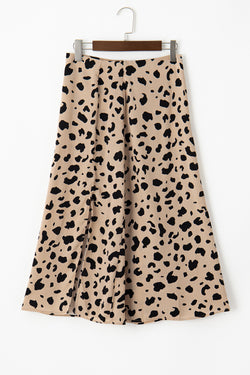 Khaki mid-length skirt with leopard print and split hem