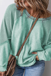 Plus Size Pullover Sweatshirt with Ruffle Trim and Textured Patchwork in Mineral Blue