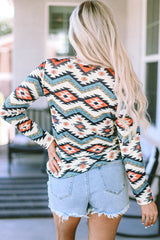 White Long Sleeve Henley Top with Aztec Geometric Print
