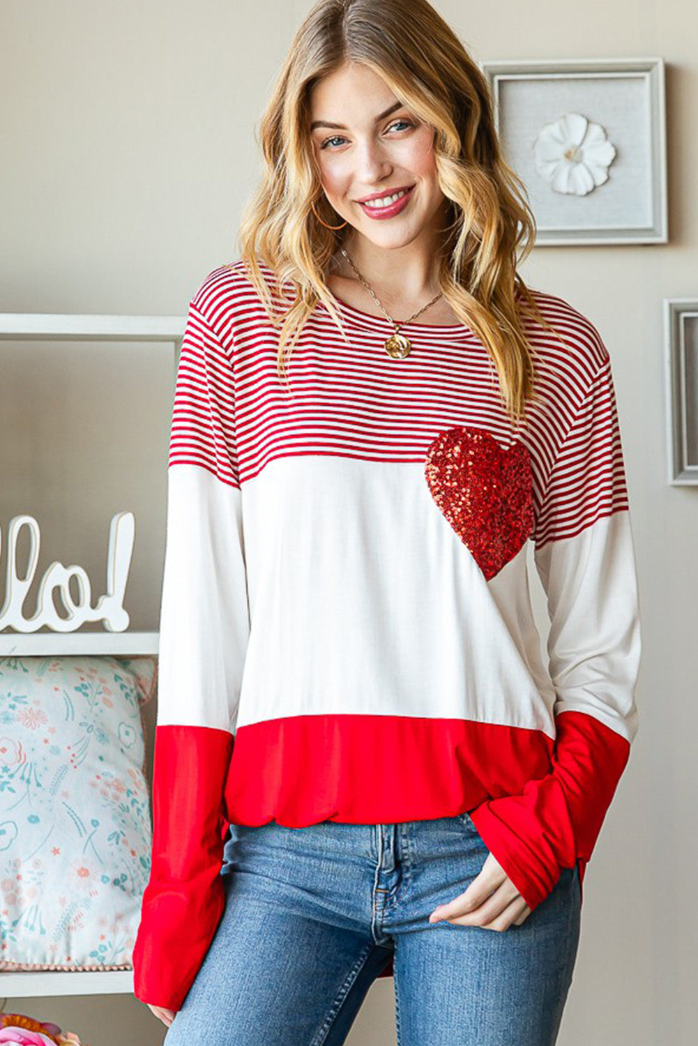 Fiery Red Valentine's Day Sequin Heart Striped Colorblock Top